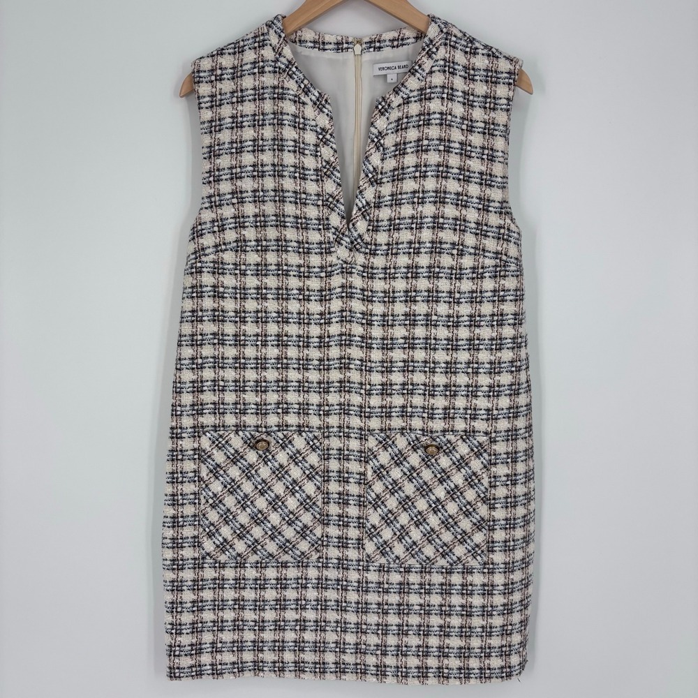 Veronica Beard Nomi Tweed Plaid Sleeveless Shift Mini Dress Women Size 6 Cream